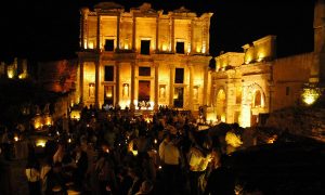 Night photograph of the Celsus Library - Okeanos Travel